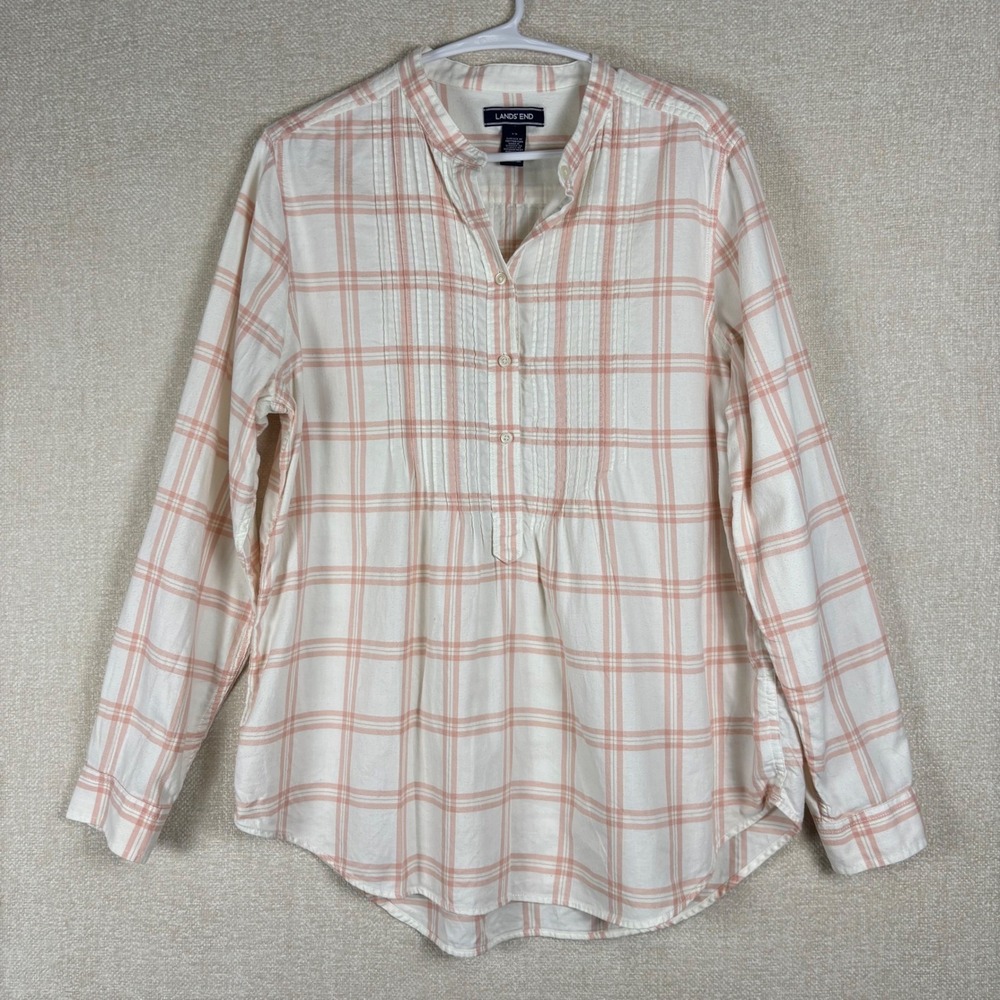 Lands End Tunic Medium Womens Pink White Plaid Cotton Pintuck Band Collar